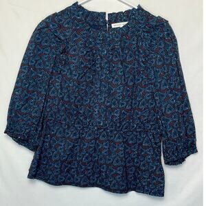 NWT Melissa Nepton Women M Blue Haley Printed Puff Sleeve Short Sleeve Blouse